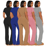 Ribbed short sleeve drawstring casual pants 2 piece outfits for women