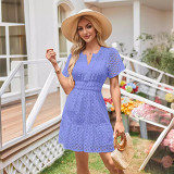 V Neck A Line Hollow Out Lace Ruched Short Sleeve Mini Dress