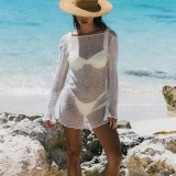 Knitted sexy backless beach vacation dress long sleeve hollow out see through mini dress