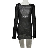 Knitted sexy backless beach vacation dress long sleeve hollow out see through mini dress