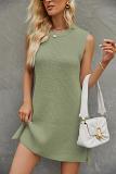 Solid Color Crew Neck Knitted Skirt Slit Dress Woman