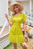 V Neck A Line Hollow Out Lace Ruched Short Sleeve Mini Dress