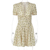 Deep V neck short sleeve pleated floral short dress