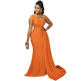 Fashion solid color party tight single shoulder maxi long dress women