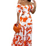Printed off shoulder elasticated waist cut out long skirt holiday dress