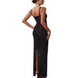 Slip sexy back slit see through lace slim maxi long gown dress