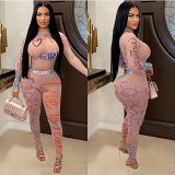 Sexy print see through jumpsuit pants set with long sleeves nigh club