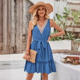 V neck sleeveless lace herm solid color casual short women dress