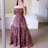 Floral fashion off the shoulder long printed pleated short sleeve maxi dress