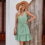 V neck sleeveless lace herm solid color casual short women dress