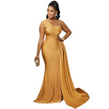 Fashion solid color party tight single shoulder maxi long dress women