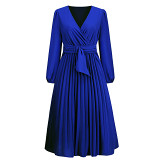 Long sleeve v neck pleated women casual solid dress
