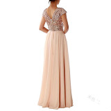 V-neck sequined chiffon patchwork evening gown dress