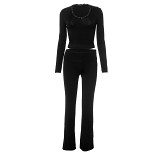 Long sleeved lace edge V neck blouse crop top high waisted trousers casual suit