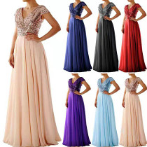V-neck sequined chiffon patchwork evening gown dress