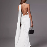 Halter backless tight waist elegant slant shoulder sleeveless floor length gown dress