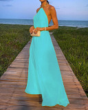 Halter backless solid color floor length casual summer maxi dress
