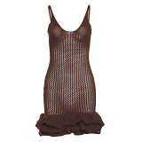 Sexy hollow out wooden ear edge knitted suspenders cover buttock mini dress