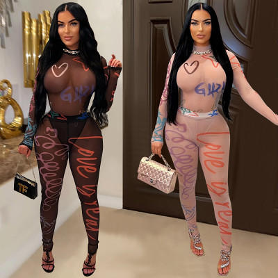 Sexy print see through jumpsuit pants set with long sleeves nigh club