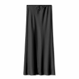 Silk high waist drawstring solid color long skirt women