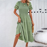 Solid coloe holow out whipping round neck midi casual summer short sleeve dress