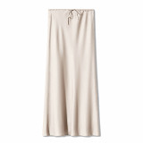 Silk high waist drawstring solid color long skirt women