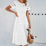 Solid coloe holow out whipping round neck midi casual summer short sleeve dress