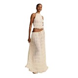 Backless halter camisole top drawstring chiffon pleated long maxi skirt 2 piece set