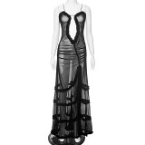 Spaghetti strap cut out see through pleated lace high slit maxi summer print mesh dress