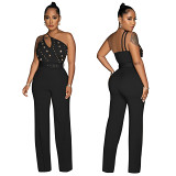 Solid color spaghetti strap beaded straight long women jumpsuit
