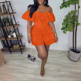 Off shoulder ruffle pleated solid color casual short romper jumpsuit