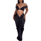 Strapless crop top sleeveless stretchy pleated maxi long skirt 2 piece set