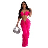Strapless crop top sleeveless stretchy pleated maxi long skirt 2 piece set