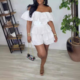 Off shoulder ruffle pleated solid color casual short romper jumpsuit
