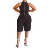 Halter zipper backless stretchy sleeveless short denim women jumpsuit