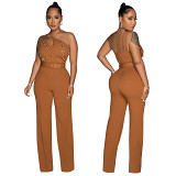 Solid color spaghetti strap beaded straight long women jumpsuit