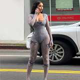 See through sexy jacquard bodycon long sleeve lace women jumpsuit