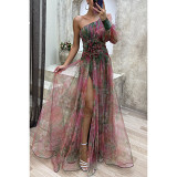 Sloping shoulder one sleeve high slit mesh party maxi dress