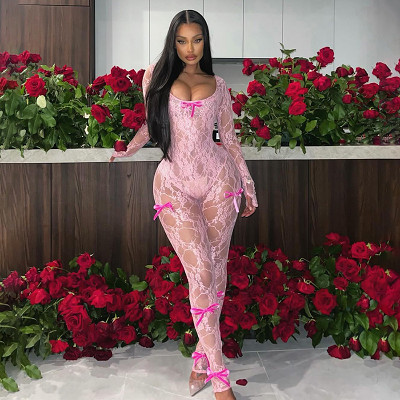 See through sexy jacquard bodycon long sleeve lace women jumpsuit