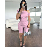 Summer Sloping shoulder short sleeve slim shorts casual 2 piece outfits