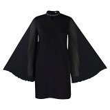Fashion puff sleeve pleated loose a-line casual solid short dress