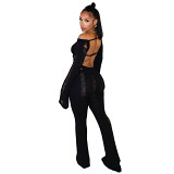 Casual off shoulder backless knitted bodyocn long sleeve women jumpsuit