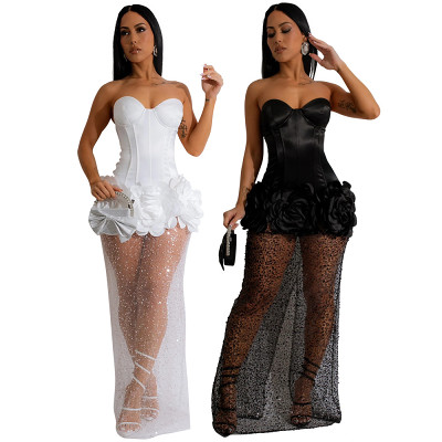 Strapless satin spliced mesh sequin skirt bodycon party club long maxi dress