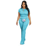Two piece short sleeve set sports leisure ribbed pants set outfit for summer