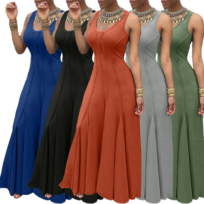 Sleeveless solid color u neck big swing dress maxi long dress for women summer