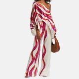 Printed off shoulder loose batwing sleeve wide leg casual fashion 2 piece outfits