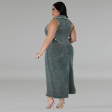 Big size sleeveless zipper top slit long skirt denim 2 piece set
