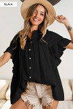 Stand collar selvedge sleeve pleated button casual summer top women blouse