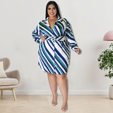 Long sleeve diagonal striped shirt plus size dress