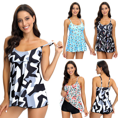 Print slip dress shorts summer beach wear swim suit 2 piece tankini for women